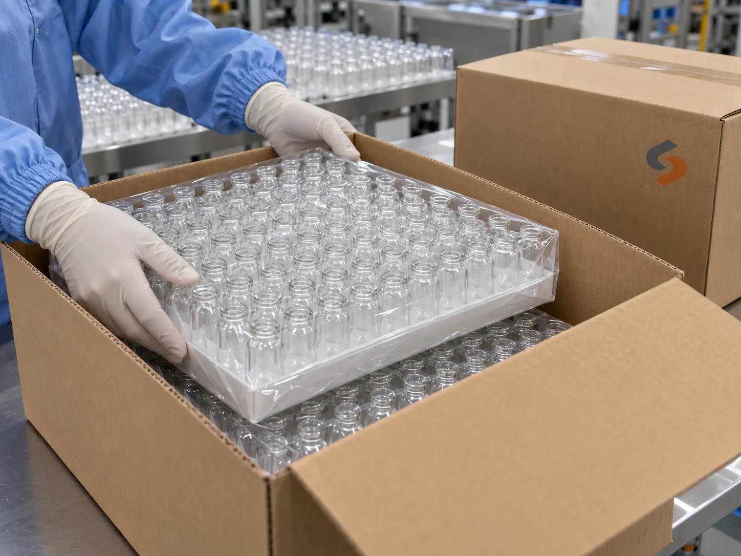 Clean glass vials being packed in protective trays and brown cartons