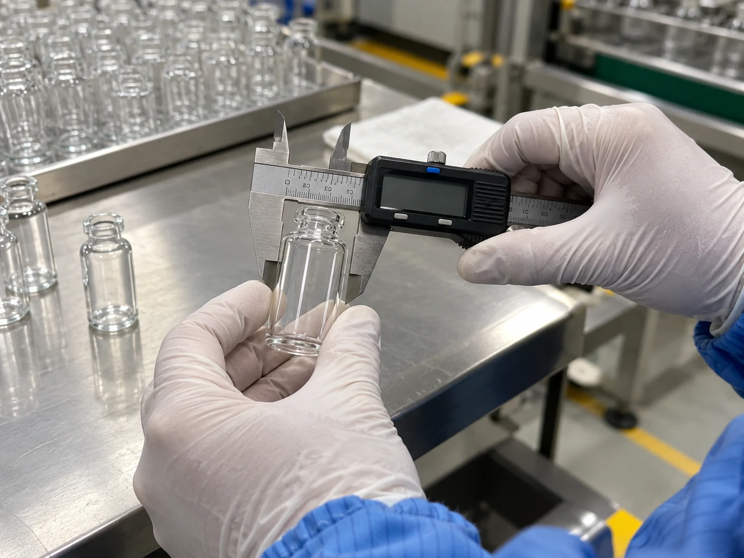 A clear glass vial being measured with a digital caliper